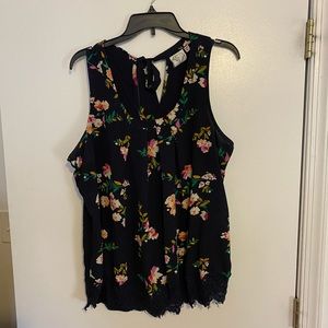 Janet Chung Navy Blue Floral Sleeveless Blouse 1X